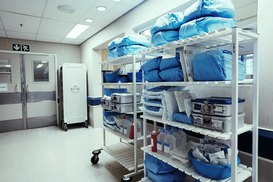 medical supplies in a hospital hallway