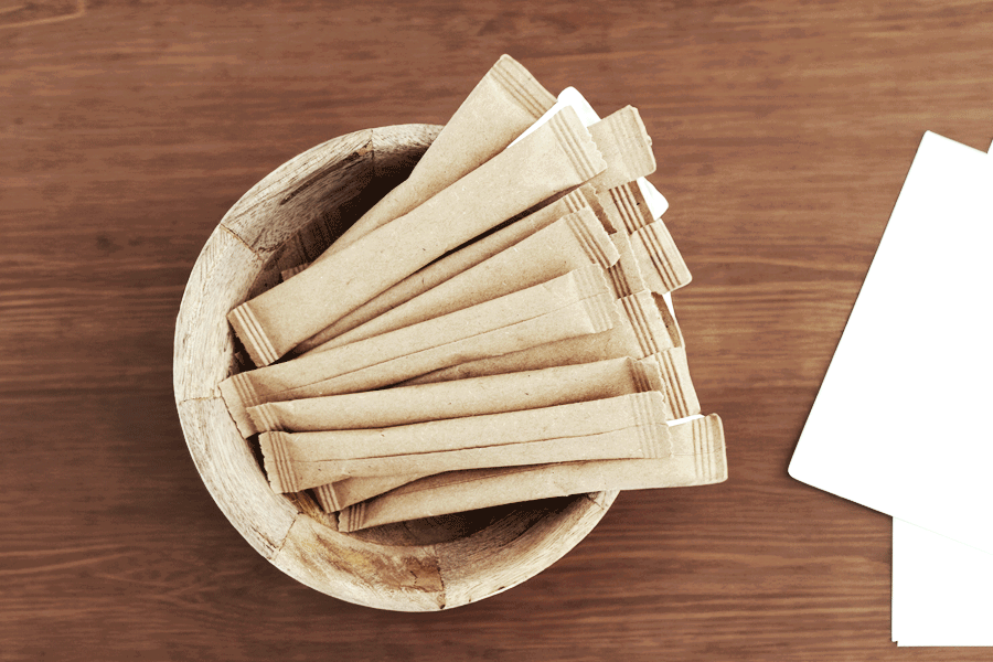 brown stick pack packages in a bowl